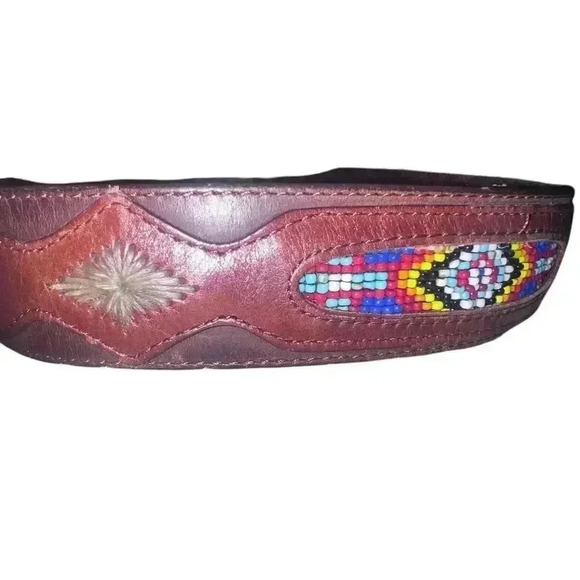 Vintage 90s Leegin Western Brown Leather Belt Beaded Silver Buckle Men 32 Native - Picture 4 of 4